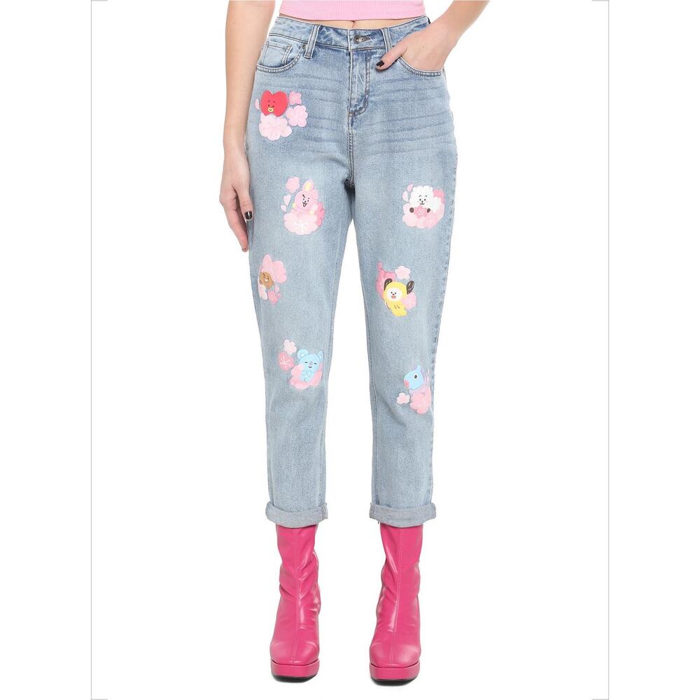 Hot Topic BT21 Cherry Blossom Mom Jeans Universtars K-Pop - Junior’s Sz 7 - NWT